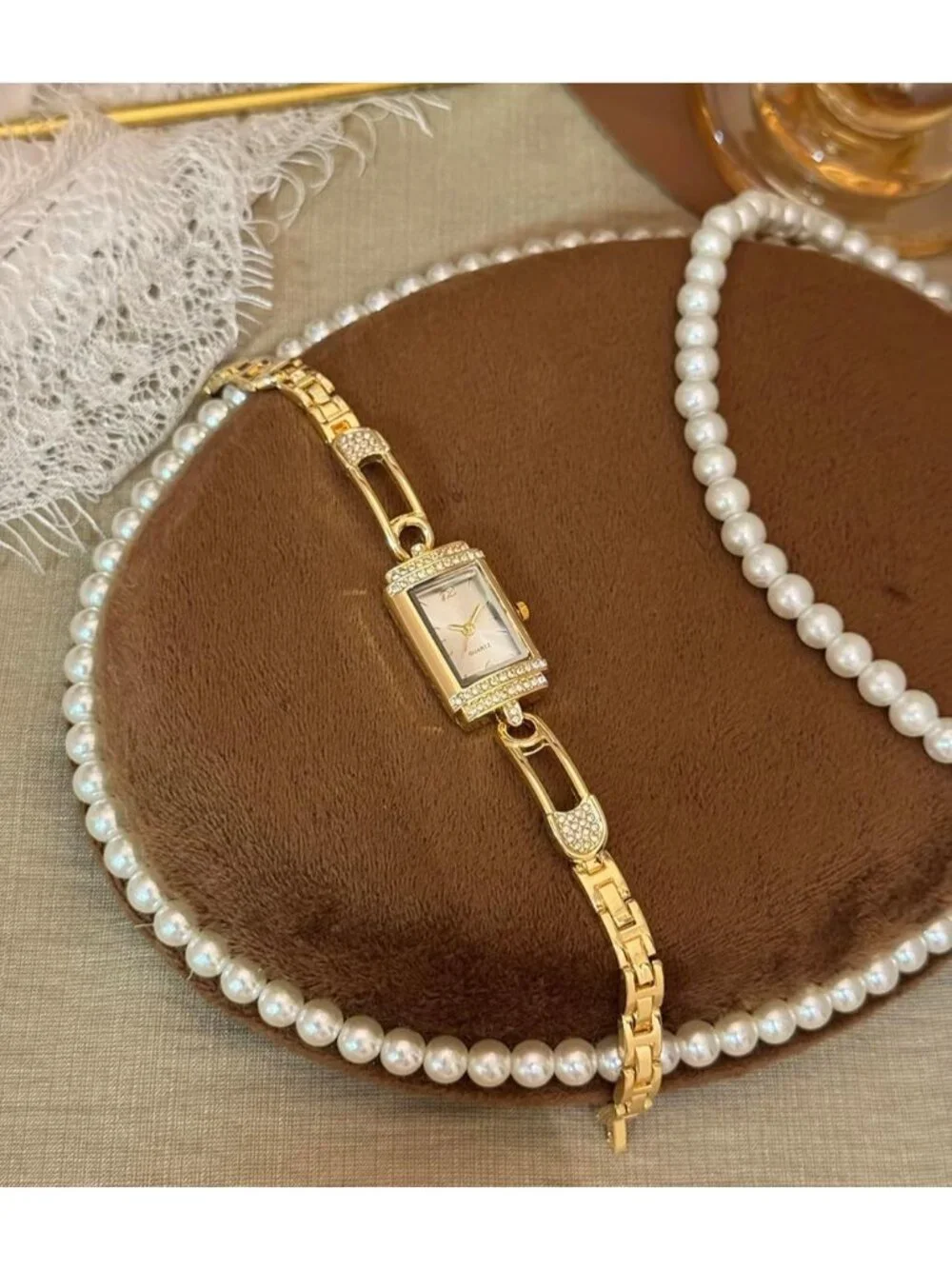 Women's Gold White Vintage Rectangular Bracelet Luxury Crystal Quartz Wristwatch